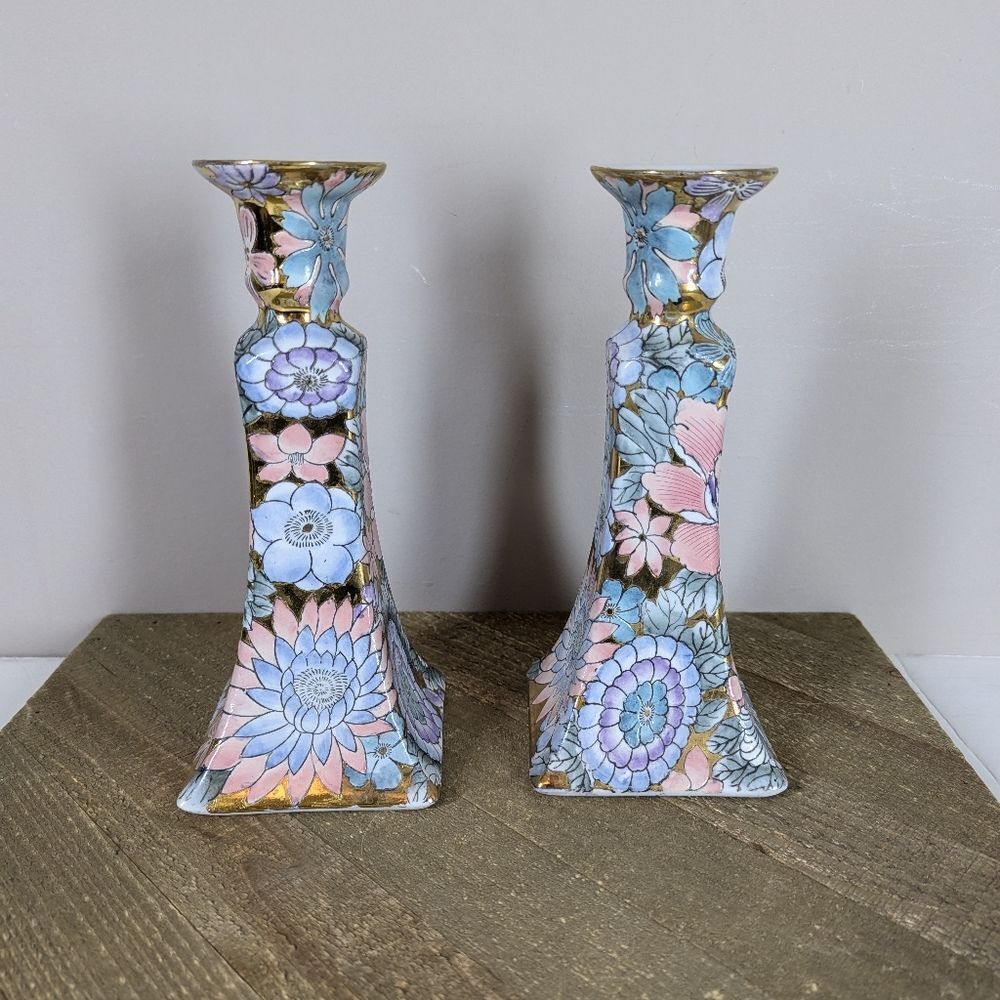 Vintage Toyo Japan Floral Candlestick Holders Pair 9" Tall Cloisonné Style Paste